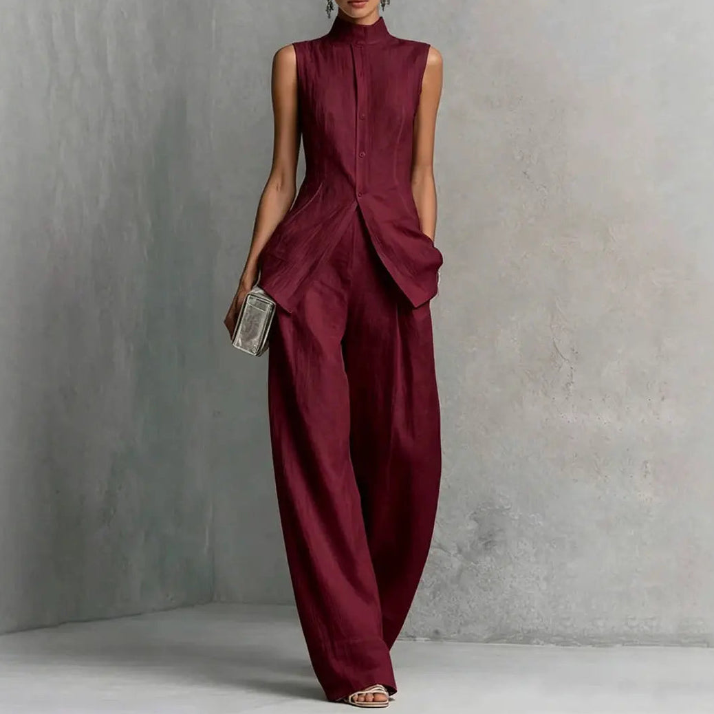 Ensemble deux pièces femme bordeaux avec haut sans manches et pantalon ample SecretBombe