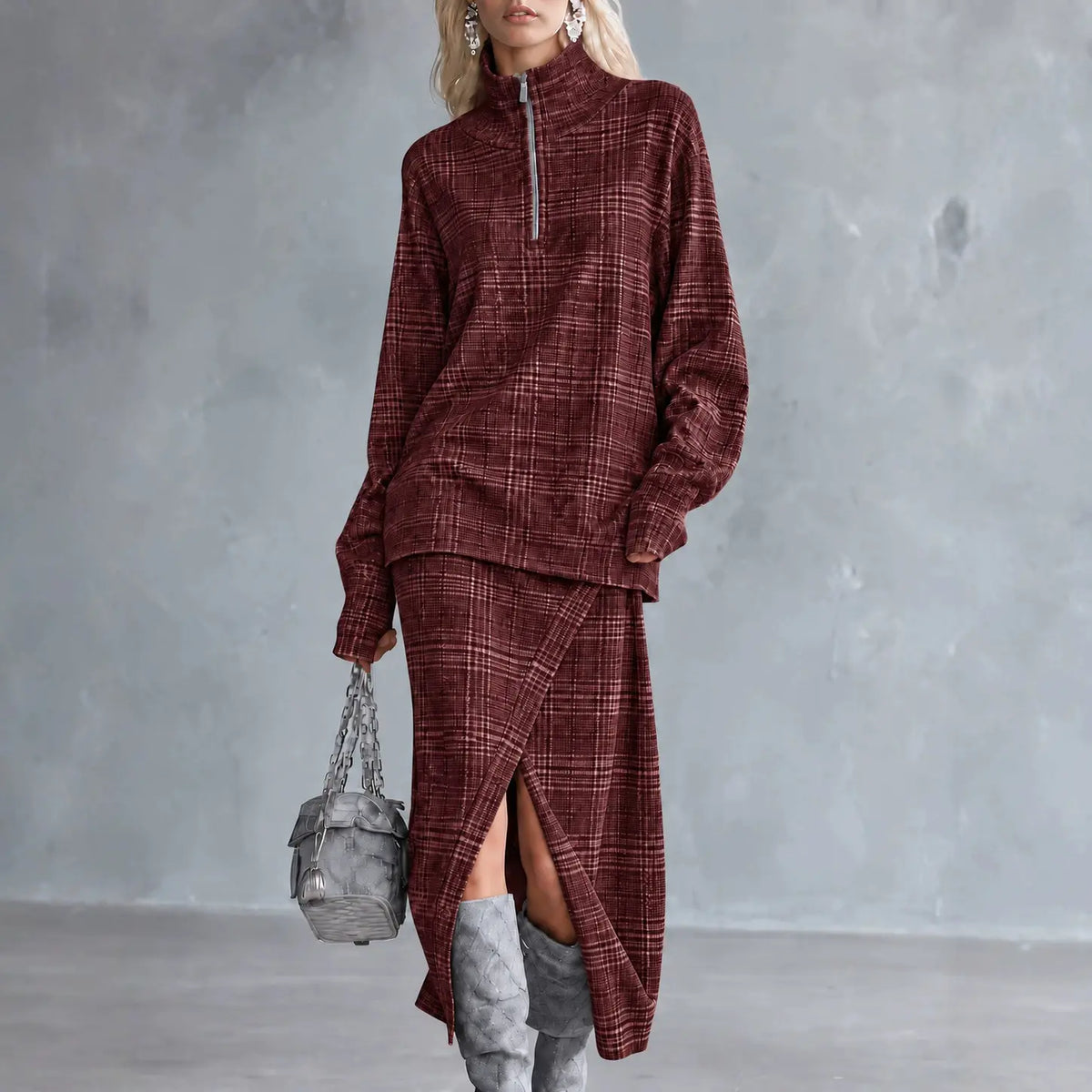 Ensemble deux pièces femme bordeaux à carreaux avec jupe longue SecretBombe