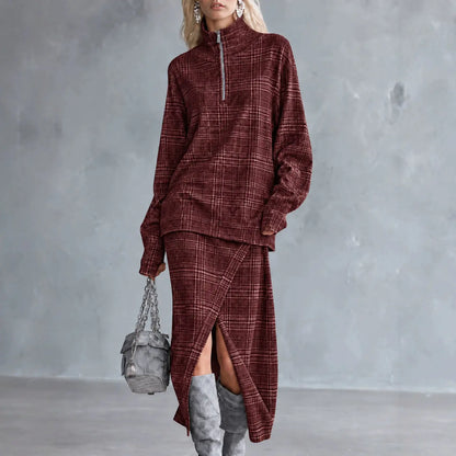 Ensemble deux pièces femme bordeaux à carreaux avec jupe longue SecretBombe
