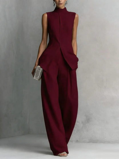 Ensemble femme bordeaux avec haut asymétrique et pantalon large SecretBombe