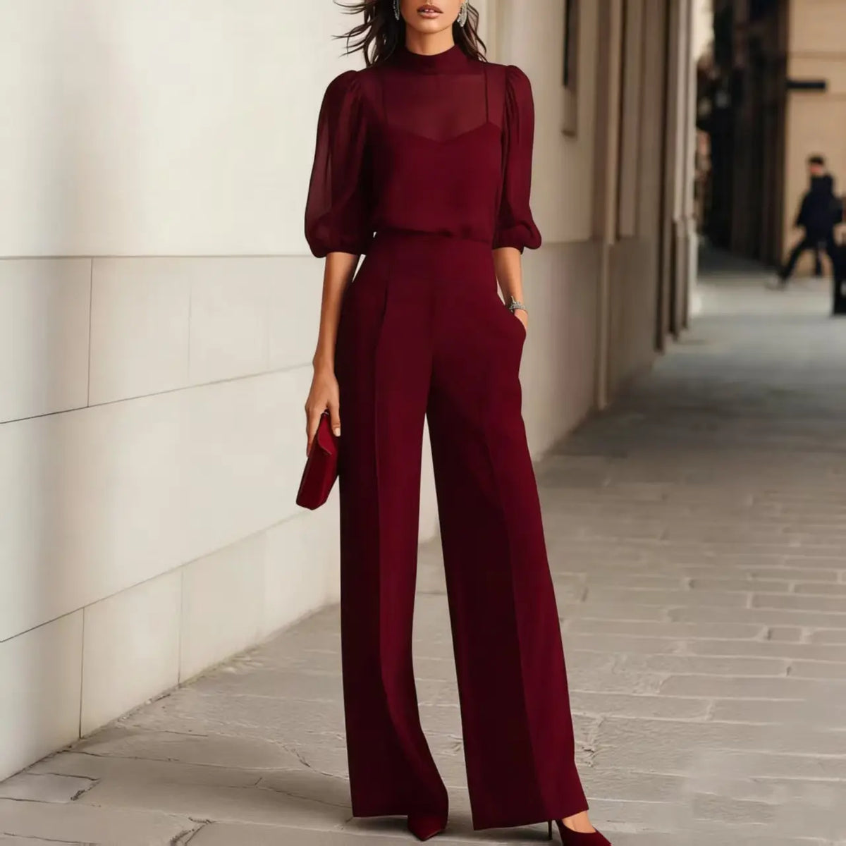 Ensemble femme bordeaux avec haut à manches bouffantes et pantalon large SecretBombe