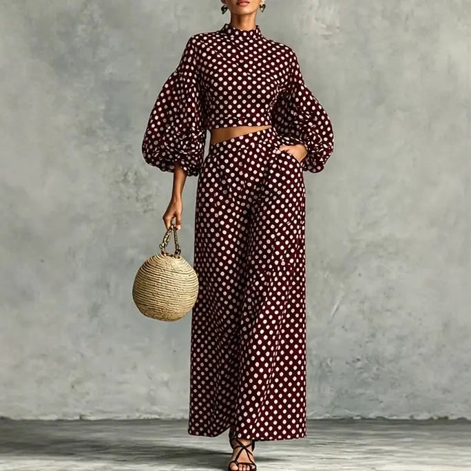 Ensemble femme bordeaux à pois avec manches bouffantes et pantalon large SecretBombe
