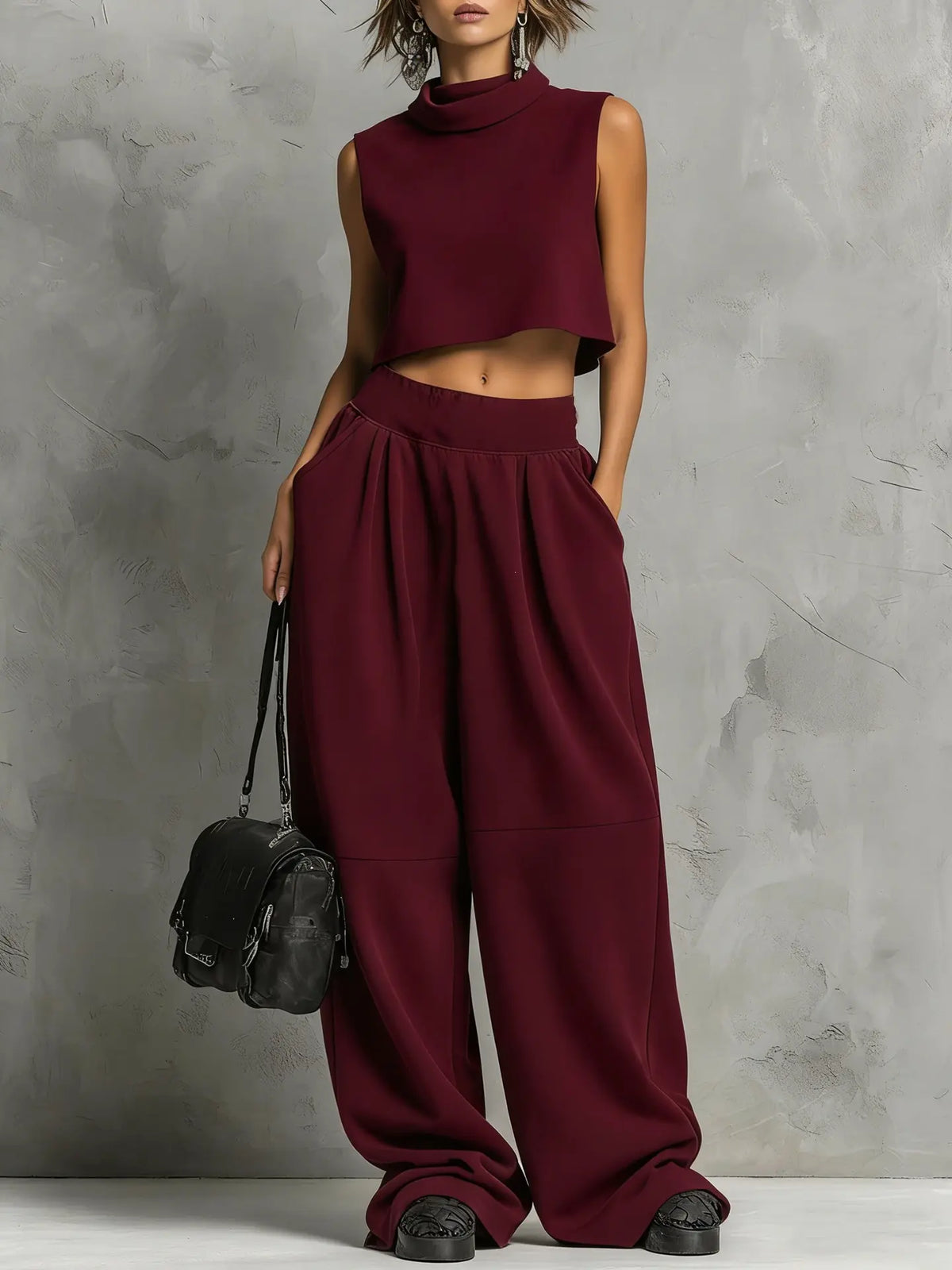 Ensemble femme bordeaux avec haut sans manches à col montant et pantalon large SecretBombe