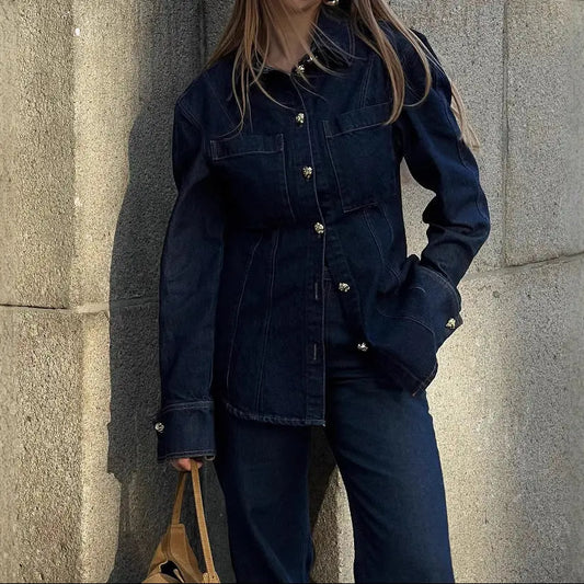 Ensemble femme bleu foncé avec chemise en jean et pantalon large SecretBombe