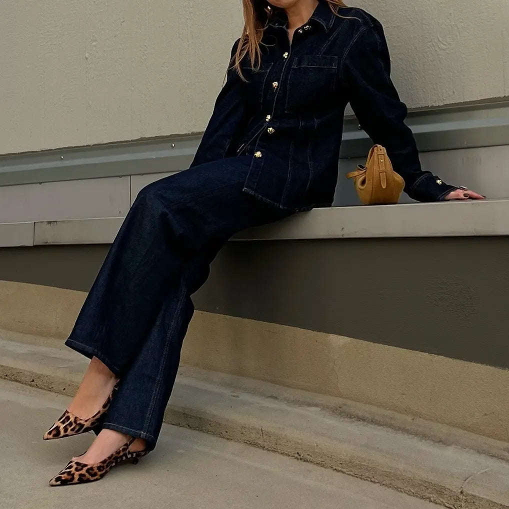 Ensemble femme denim bleu foncé à pantalon large pour un look chic SecretBombe
