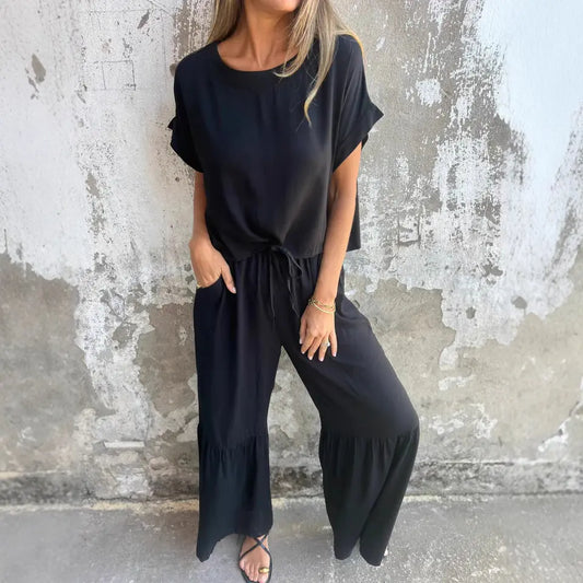 Ensemble fluide noir femme, manches courtes et pantalon ample volant