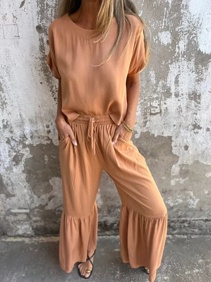 Ensemble fluide femme, top manches courtes et pantalon large confortable