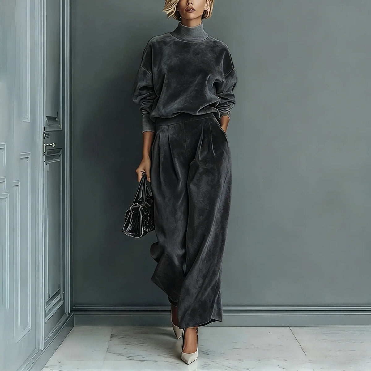 Ensemble femme gris anthracite effet velours à manches longues 