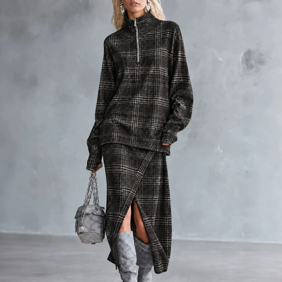 Ensemble femme noir et gris à carreaux avec haut zippé et jupe longue SecretBombe