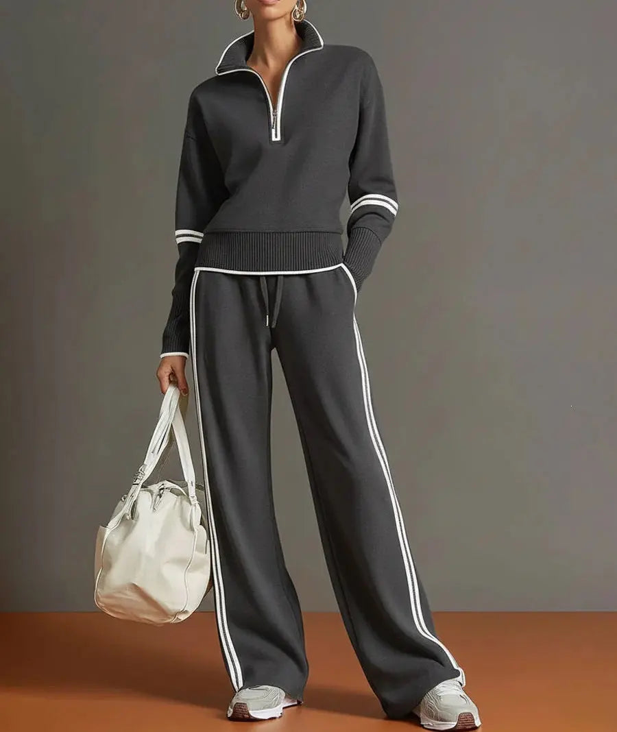 Ensemble deux pièces femme gris foncé avec haut zippé et pantalon large SecretBombe