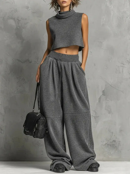 Ensemble femme gris avec haut court et pantalon large taille haute SecretBombe