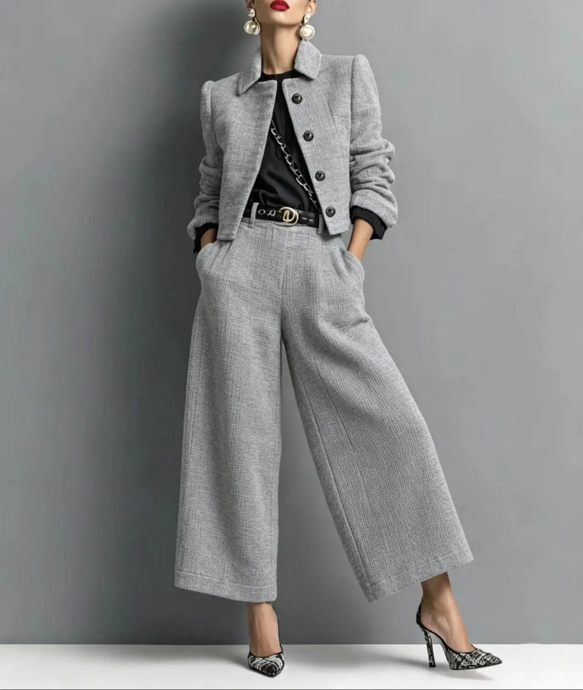 Ensemble femme gris avec veste courte et pantalon large taille haute SecretBombe