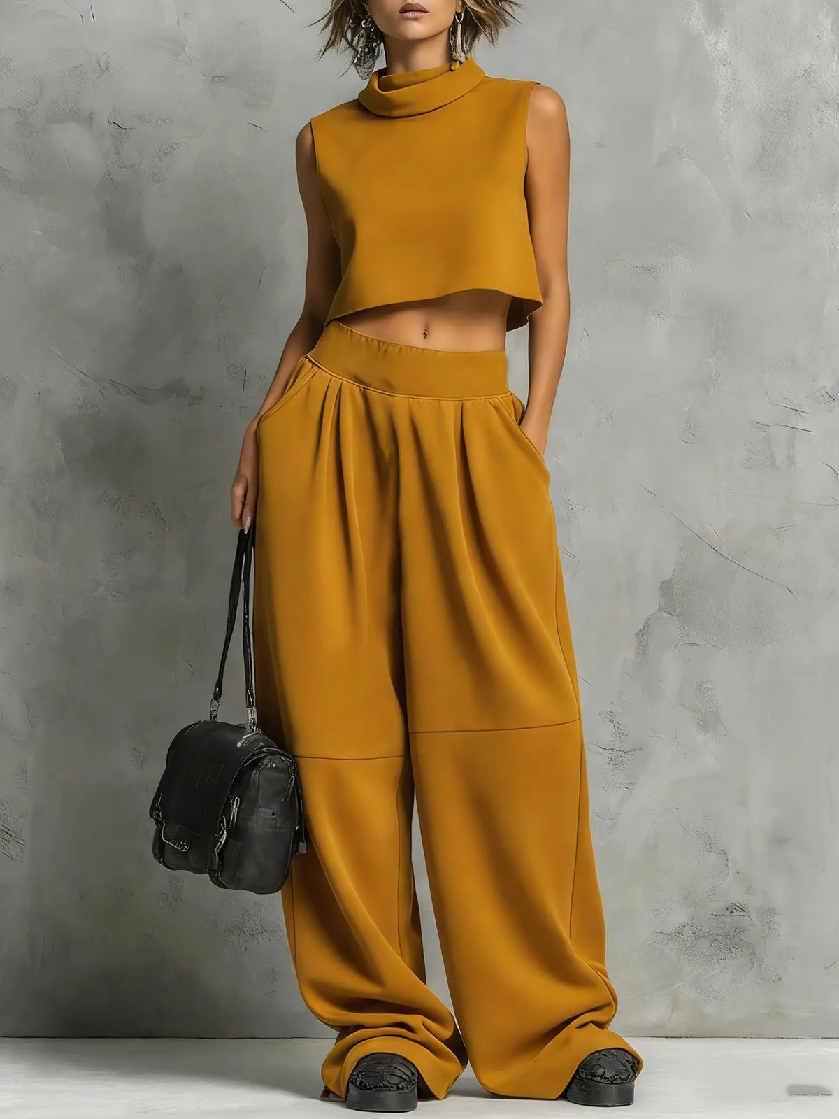 Ensemble femme jaune moutarde avec haut court sans manches et pantalon large SecretBombe
