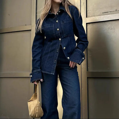 Ensemble femme en jean bleu foncé avec chemise boutonnée et pantalon large SecretBombe