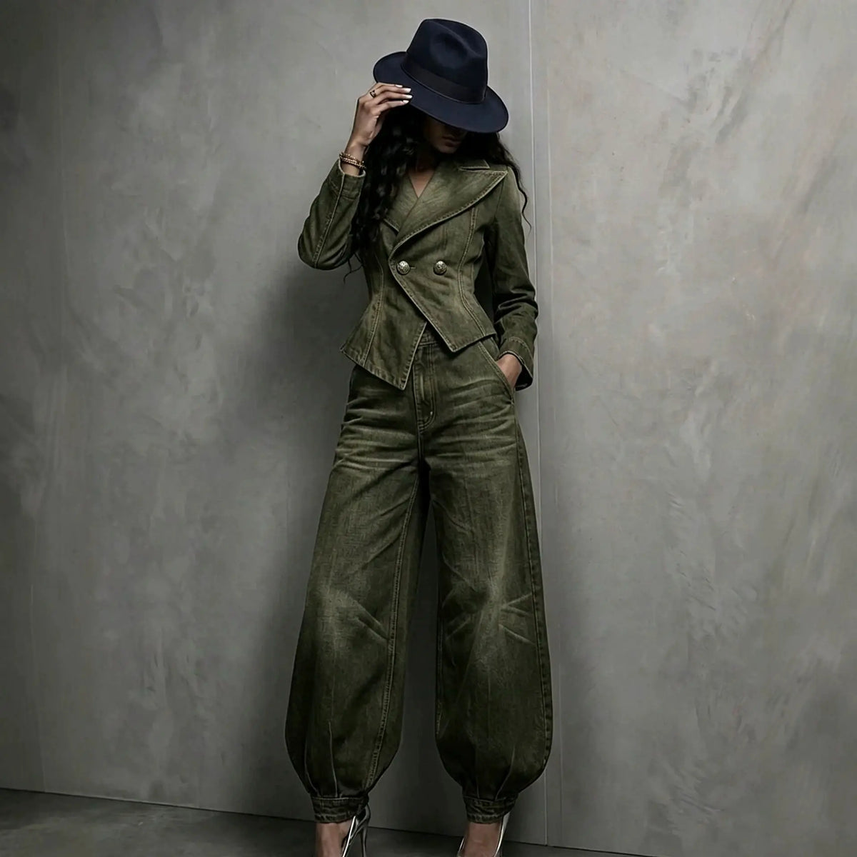 Ensemble femme vert kaki avec veste boutonnée et pantalon ample SecretBombe