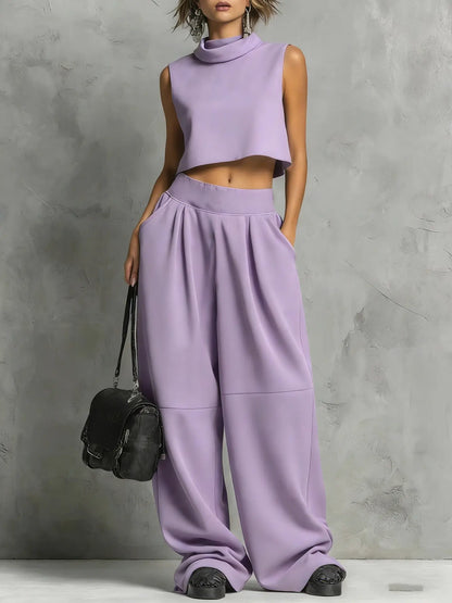 Ensemble femme mauve deux pièces avec haut à col montant et pantalon large SecretBombe