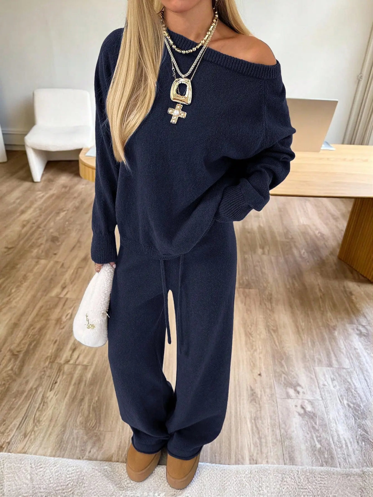 Ensemble femme bleu marine avec pantalon taille haute et haut ample SecretBombe