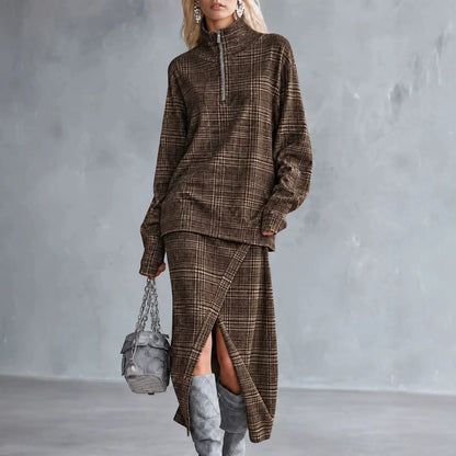 Ensemble femme marron à carreaux avec haut zippé et jupe longue fendue SecretBombe
