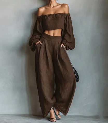 Ensemble femme marron avec haut court à manches bouffantes et pantalon large SecretBombe