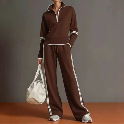 Ensemble femme marron avec sweat à col montant et pantalon large à bandes contrastées SecretBombe