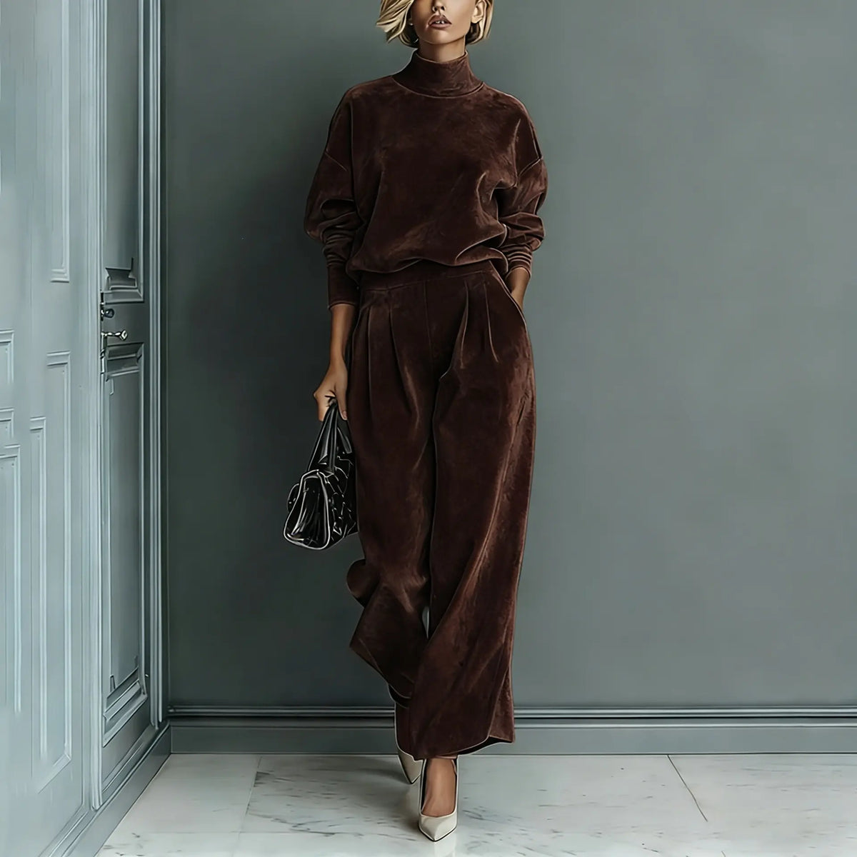 Ensemble femme marron foncé effet velours avec pantalon ample SecretBombe