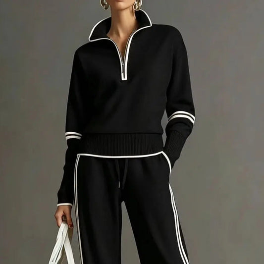 Ensemble femme noir avec sweat zippé et pantalon large à bandes contrastées SecretBombe