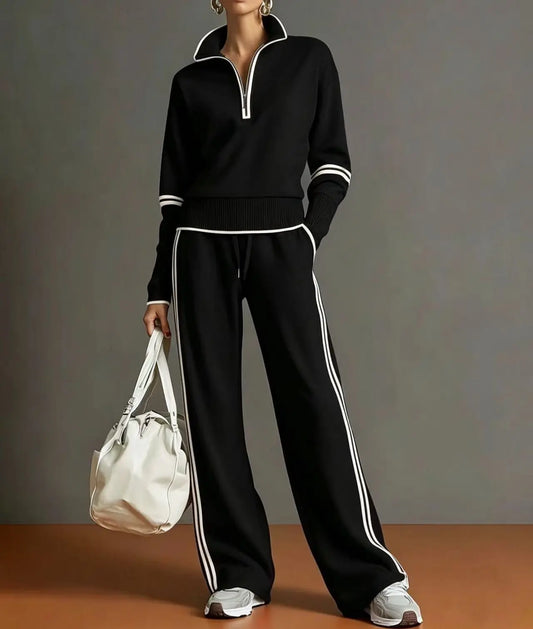 Ensemble femme noir avec sweat zippé et pantalon large à bandes contrastées SecretBombe