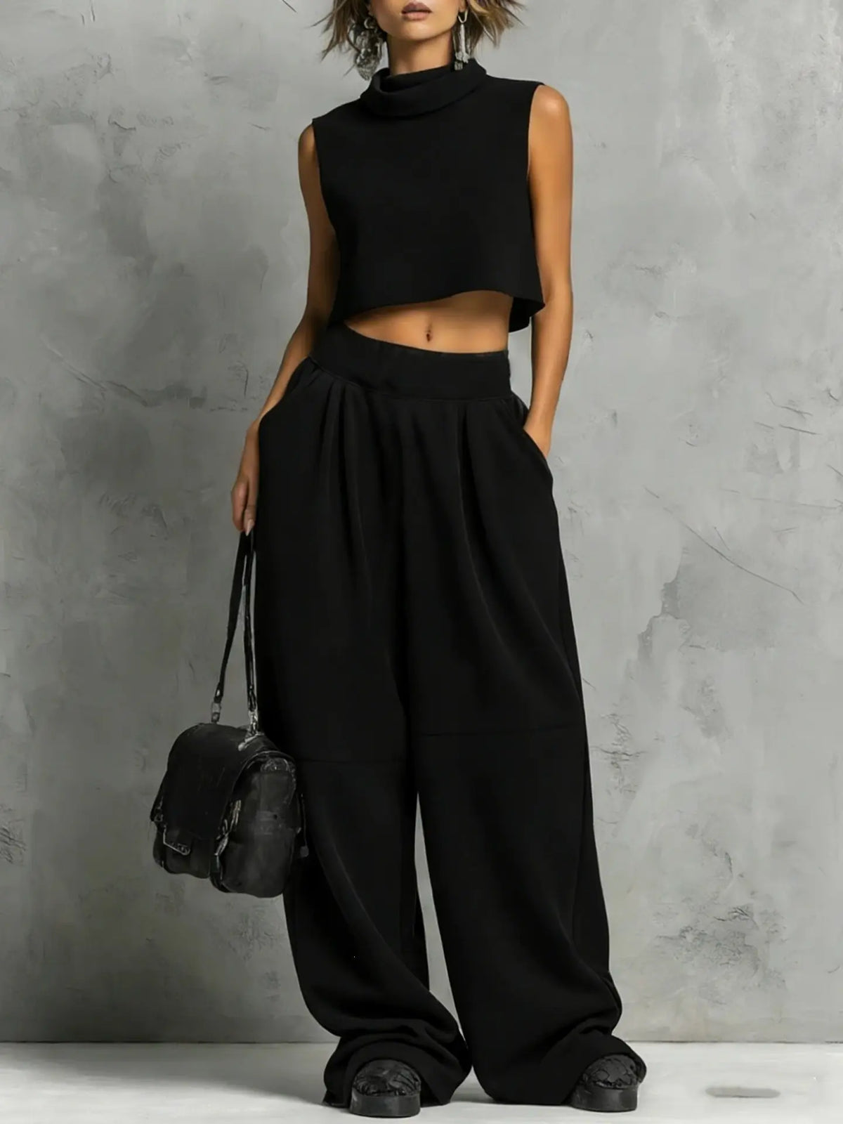 Ensemble deux pièces femme noir avec haut court et pantalon large SecretBombe