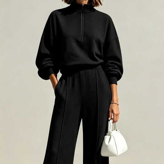 Ensemble femme noir avec sweat à demi-zip et pantalon large SecretBombe