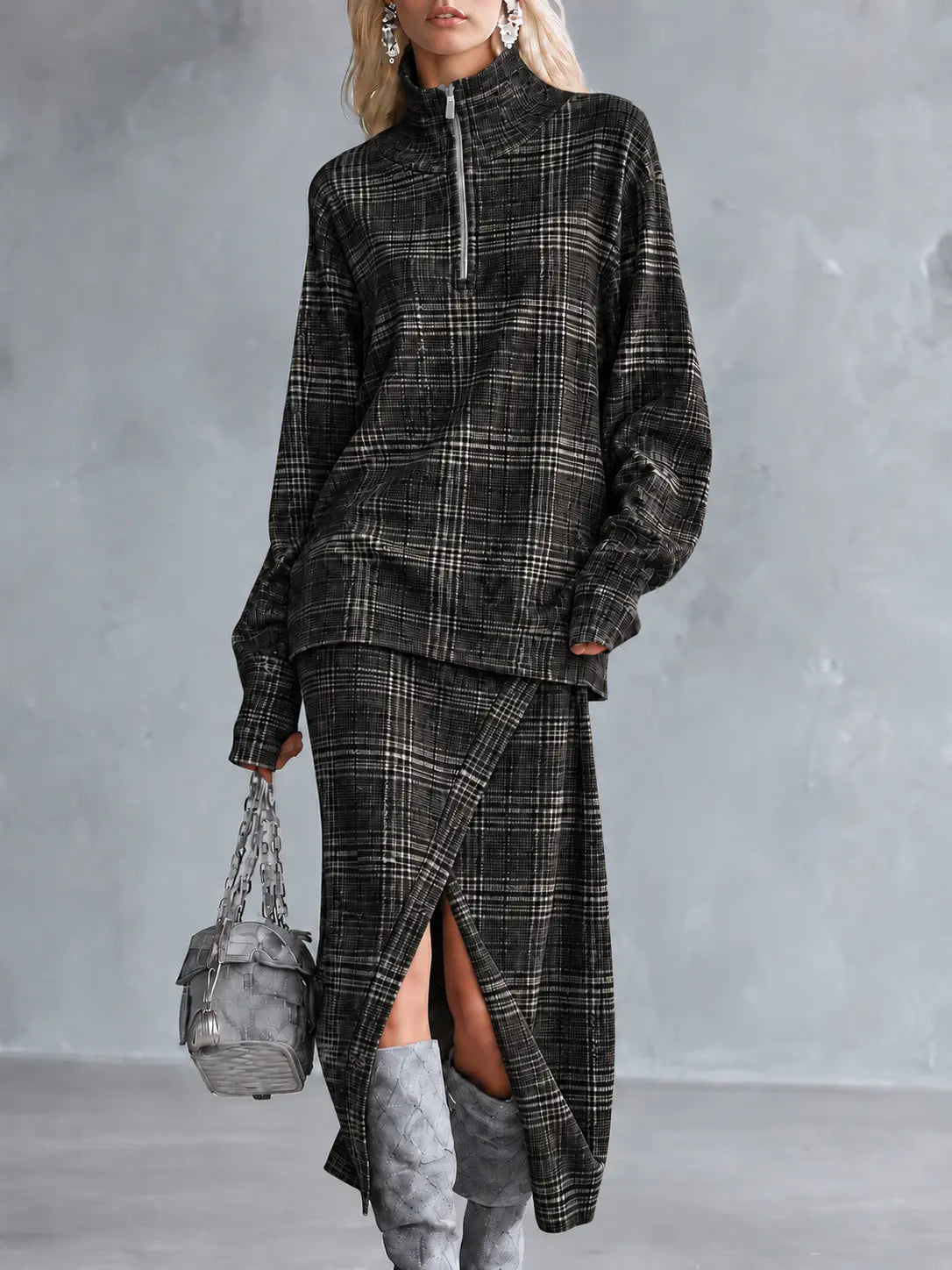 Ensemble femme gris foncé à carreaux avec jupe longue fendue SecretBombe