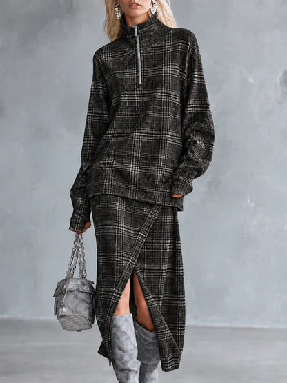 Ensemble femme gris foncé à carreaux avec jupe longue fendue SecretBombe