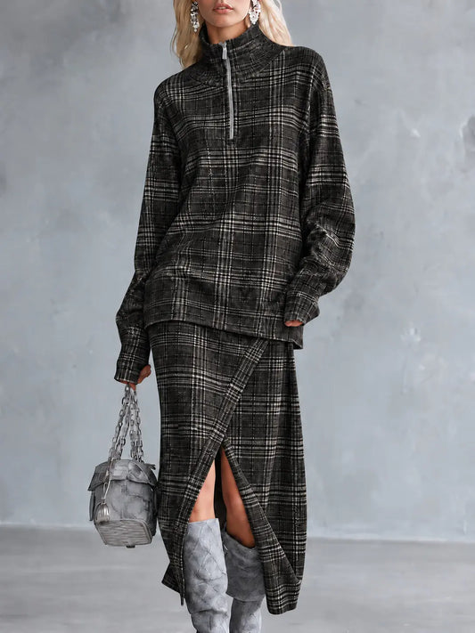 Ensemble femme gris foncé à carreaux avec jupe longue fendue SecretBombe