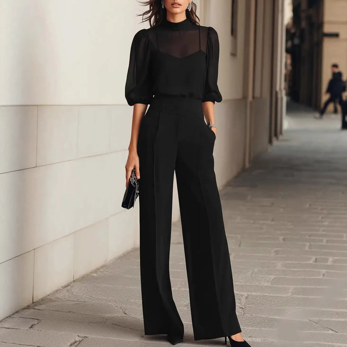 Ensemble femme noir deux pièces avec haut à manches bouffantes et pantalon large SecretBombe