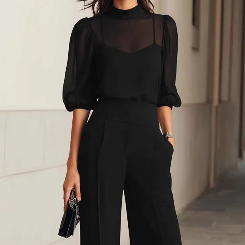 Ensemble femme noir deux pièces avec haut à manches bouffantes et pantalon large SecretBombe