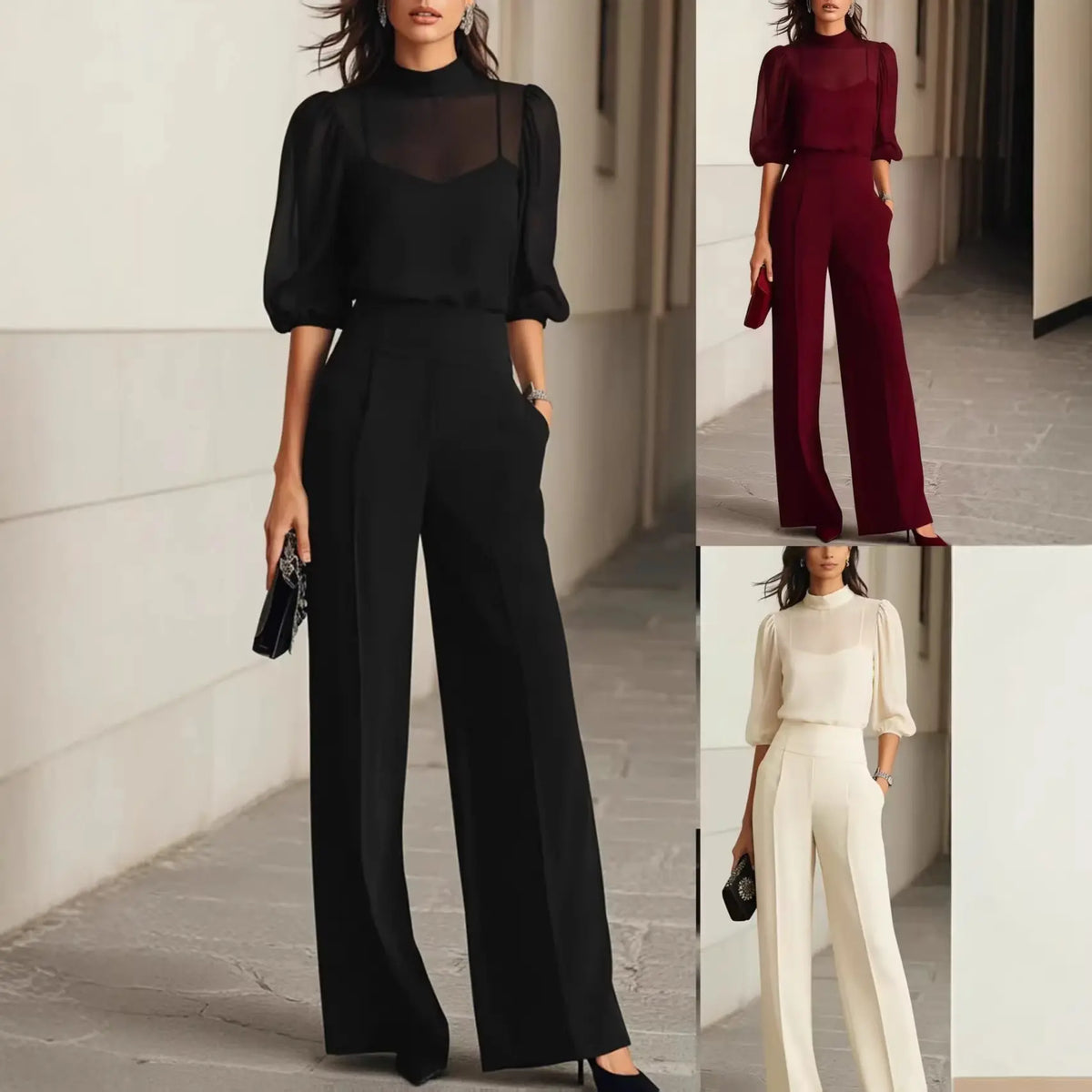 Ensemble femme noir avec haut à empiècement transparent et manches bouffantes SecretBombe