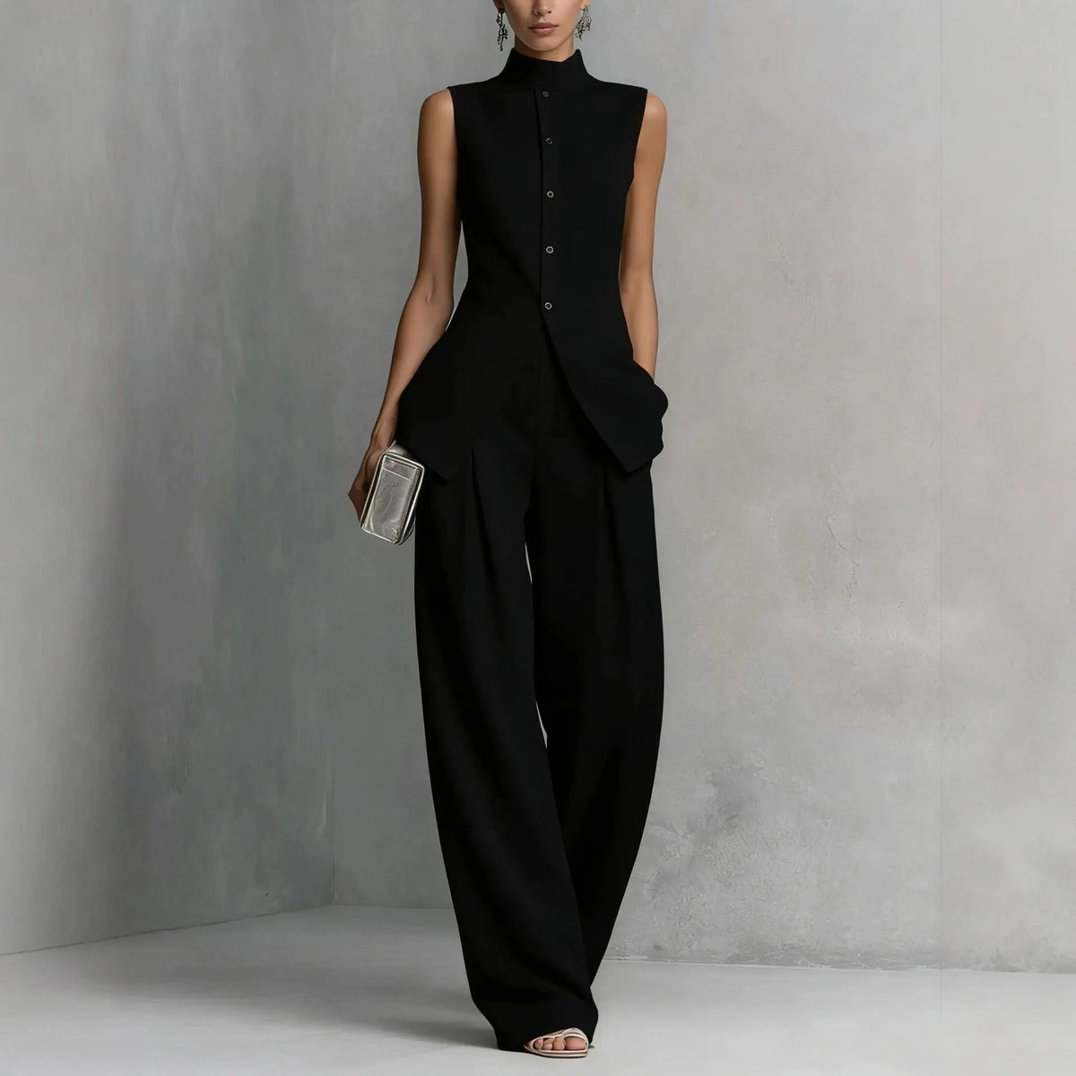 Ensemble femme noir avec pantalon large et haut asymétrique SecretBombe