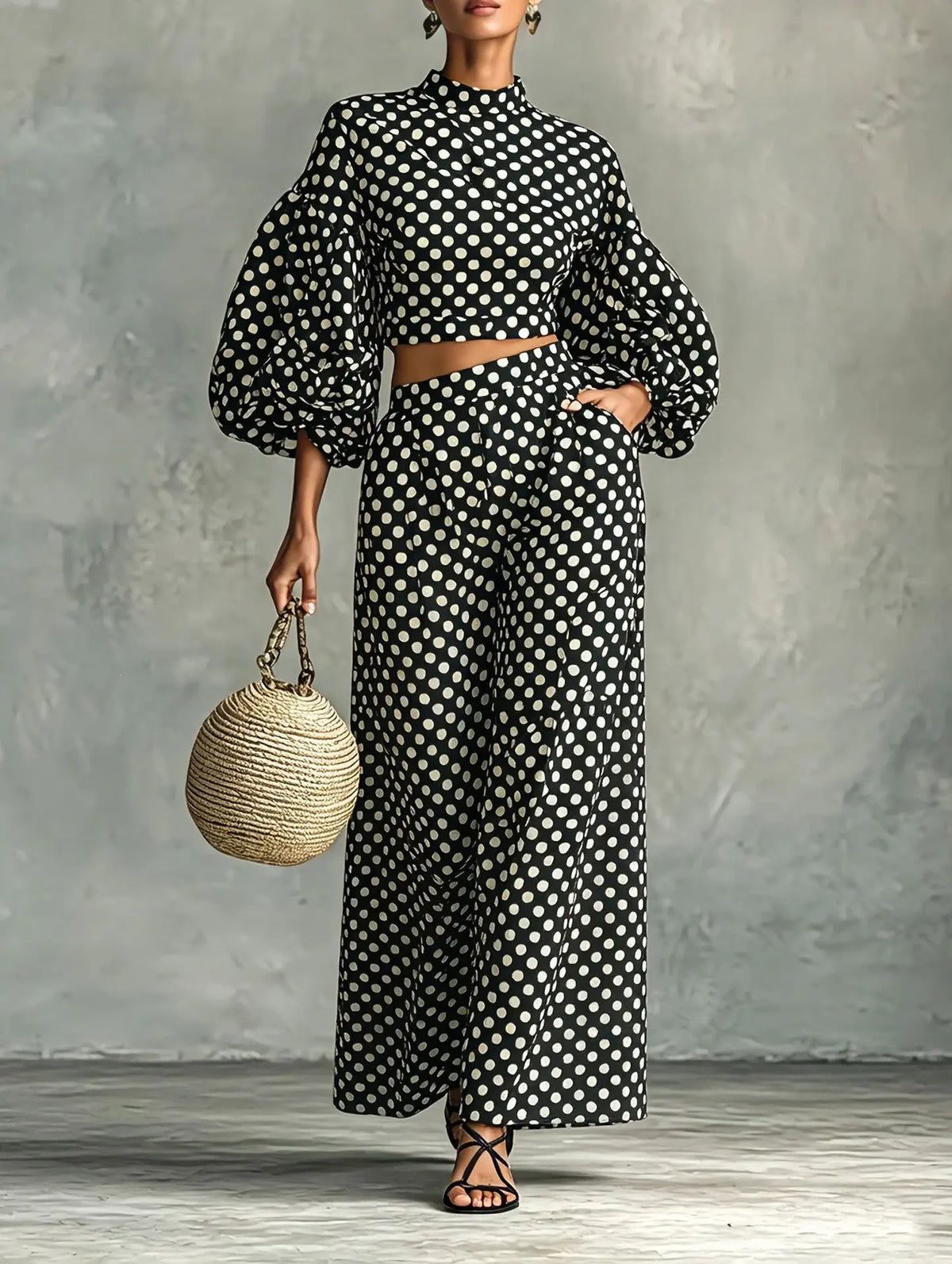 Ensemble femme noir à pois avec haut court et pantalon large SecretBombe