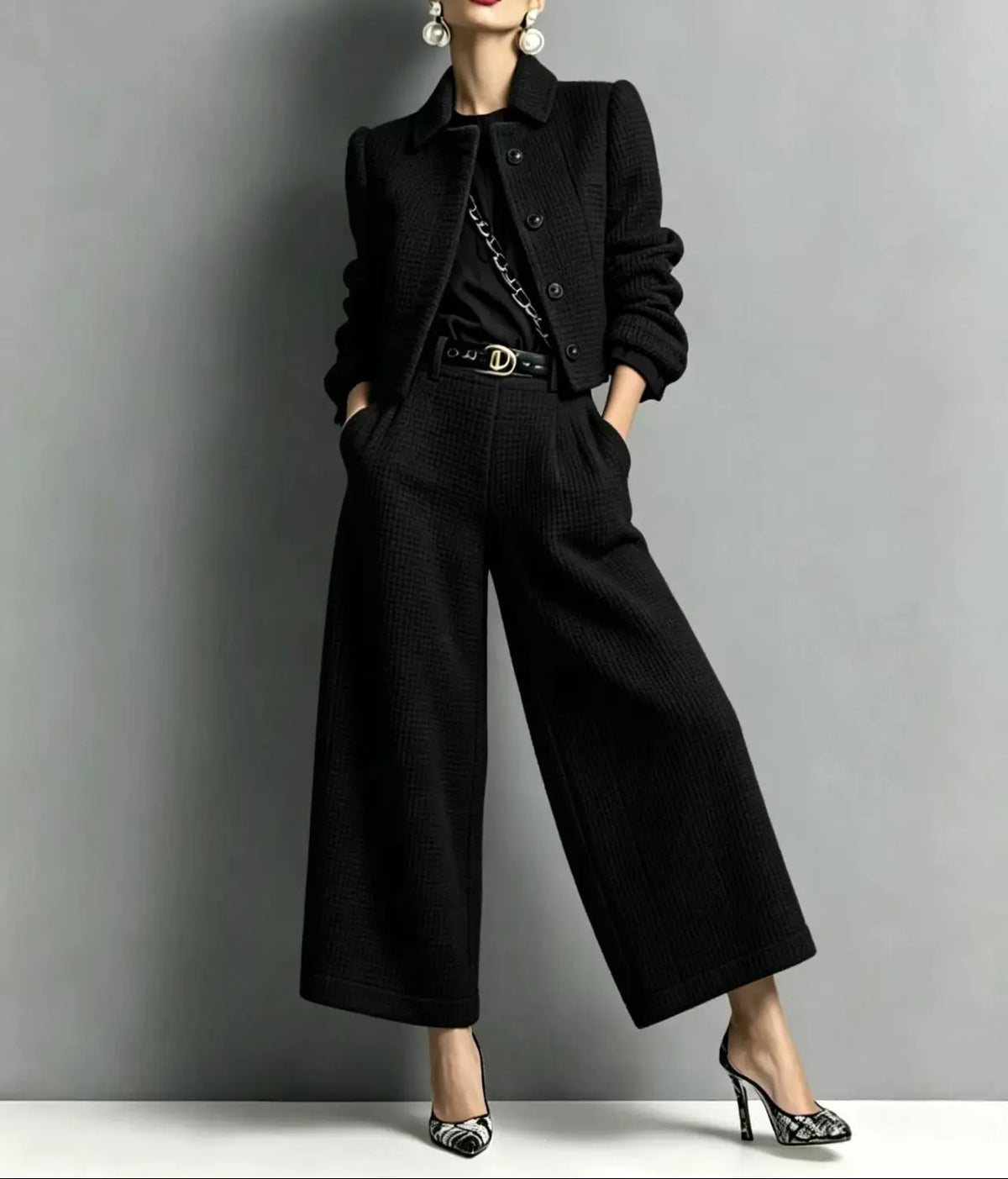 Ensemble femme noir deux pièces avec veste courte et pantalon large SecretBombe