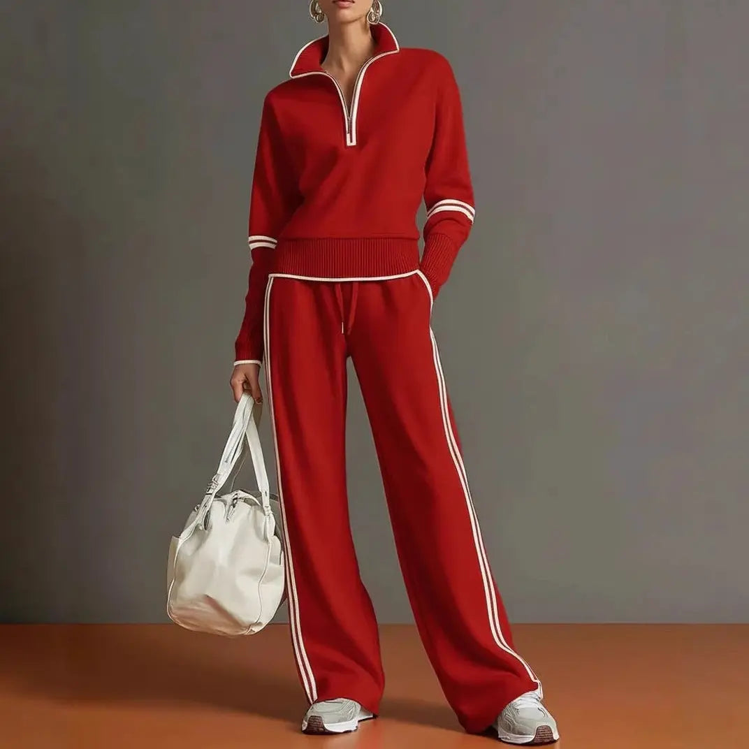 Ensemble femme rouge avec sweat à col montant zippé et pantalon large SecretBombe