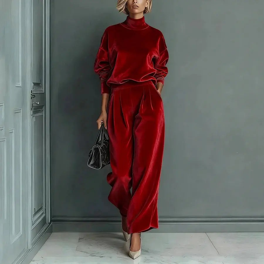 Ensemble femme rouge effet velours avec haut à col montant SecretBombe