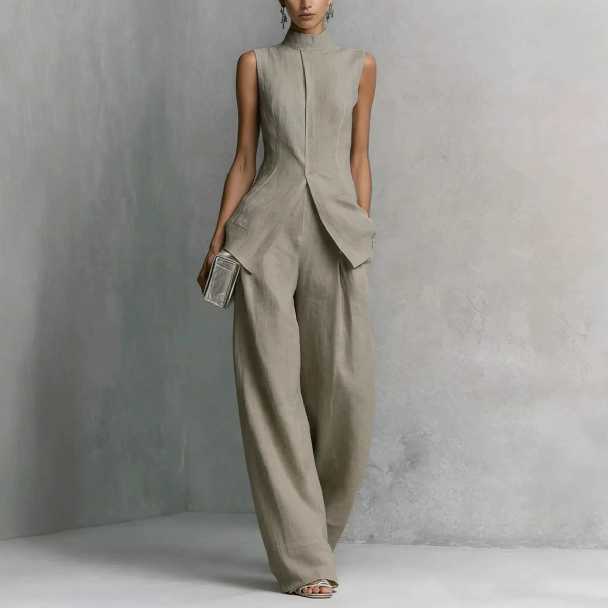 Ensemble femme taupe avec haut sans manches asymétrique et pantalon large SecretBombe