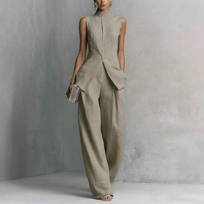 Ensemble femme taupe avec haut sans manches asymétrique et pantalon large SecretBombe