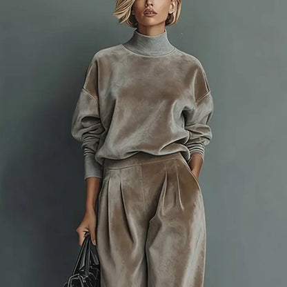 Ensemble deux pièces femme taupe effet velours avec pantalon fluide SecretBombe