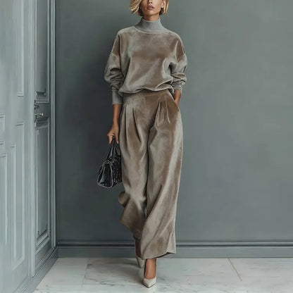 Ensemble deux pièces femme taupe effet velours avec pantalon fluide SecretBombe