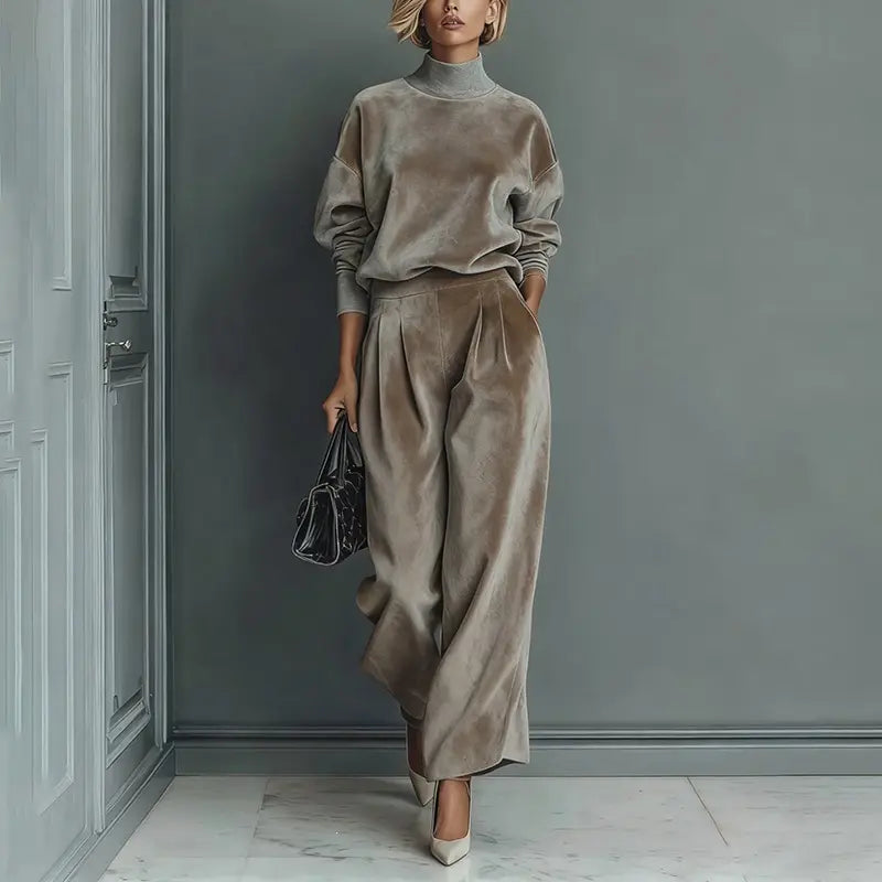 Ensemble femme taupe effet velours avec haut à col montant et pantalon large SecretBombe