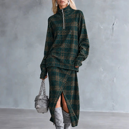 Ensemble femme vert à carreaux avec jupe longue à fente devant SecretBombe