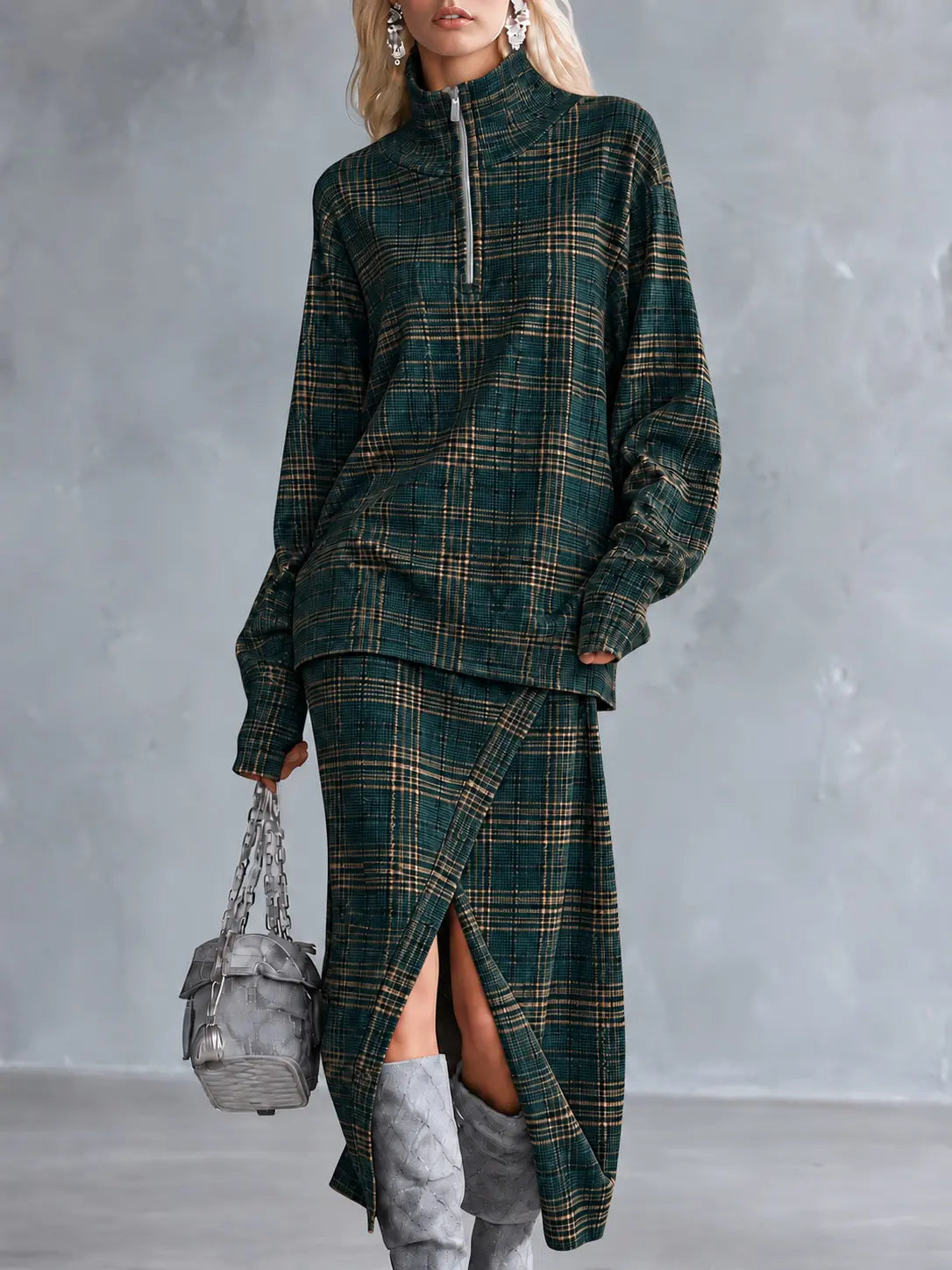 Ensemble femme vert foncé à carreaux avec haut à manches longues SecretBombe