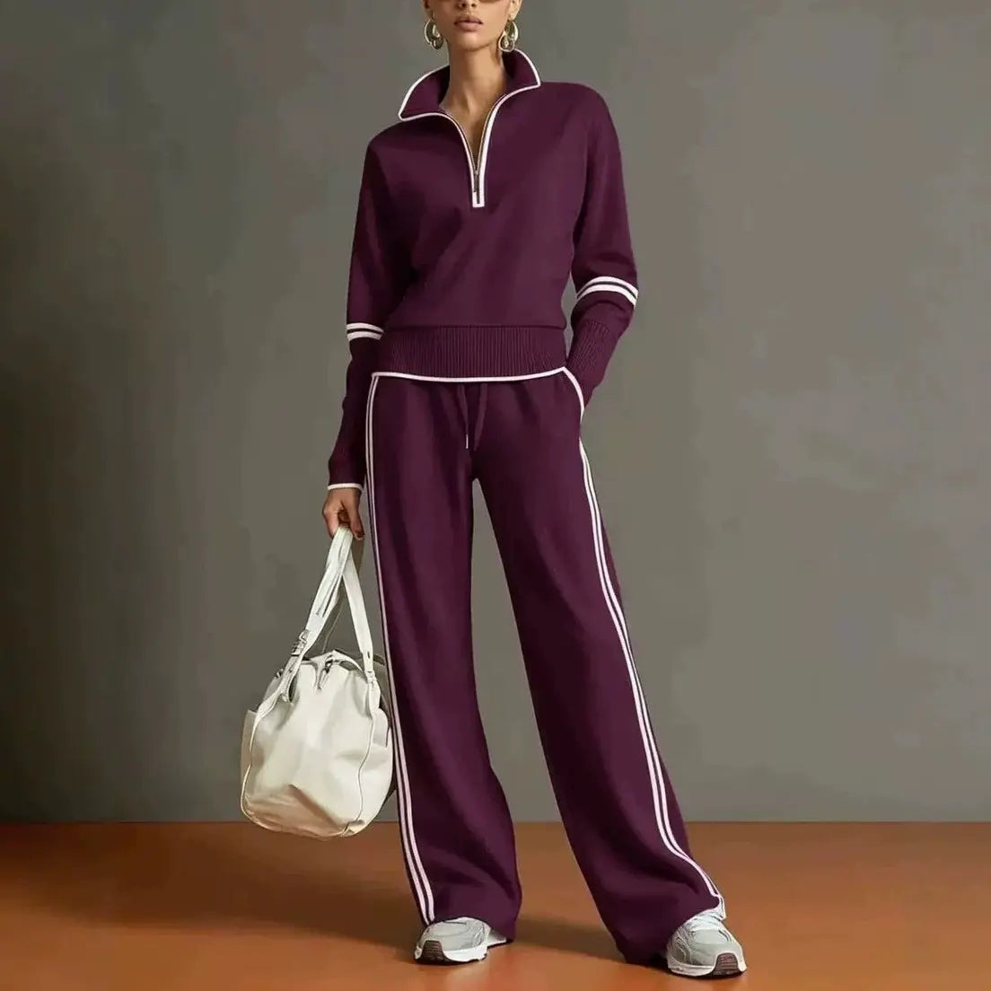 Ensemble femme violet avec pantalon large à bandes latérales contrastées SecretBombe