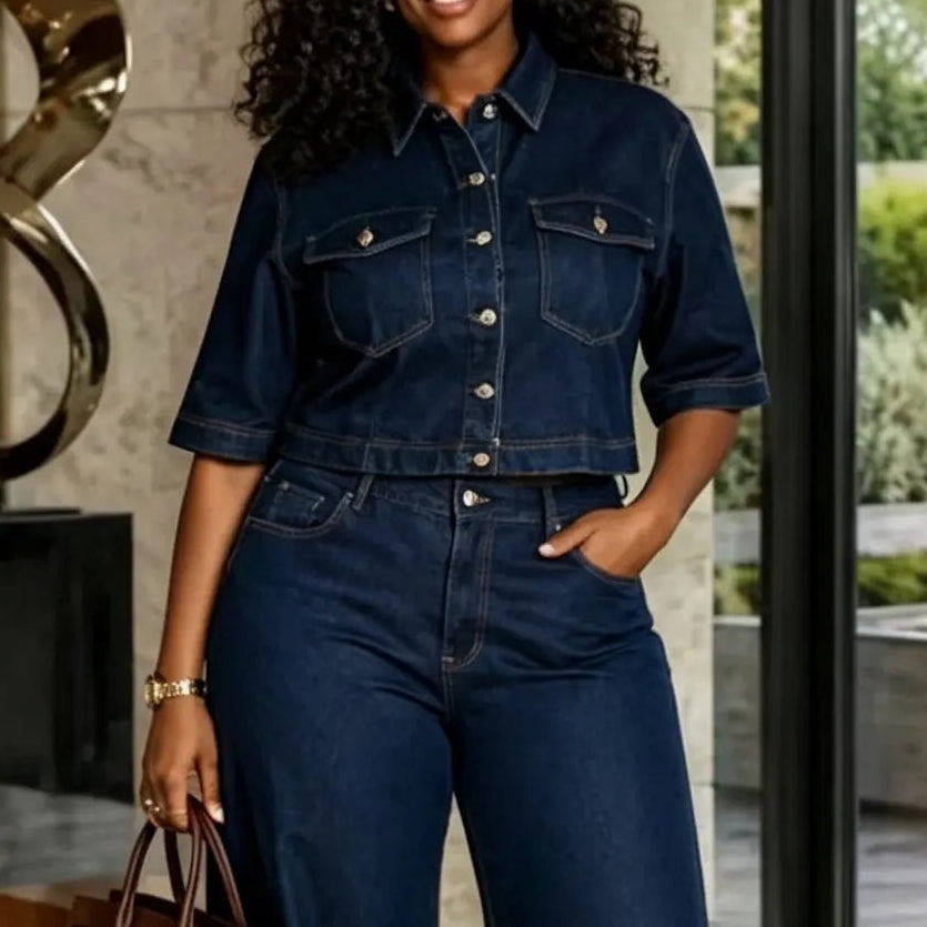 Ensemble femme en jean bleu foncé avec chemise à manches courtes et pantalon large SecretBombe