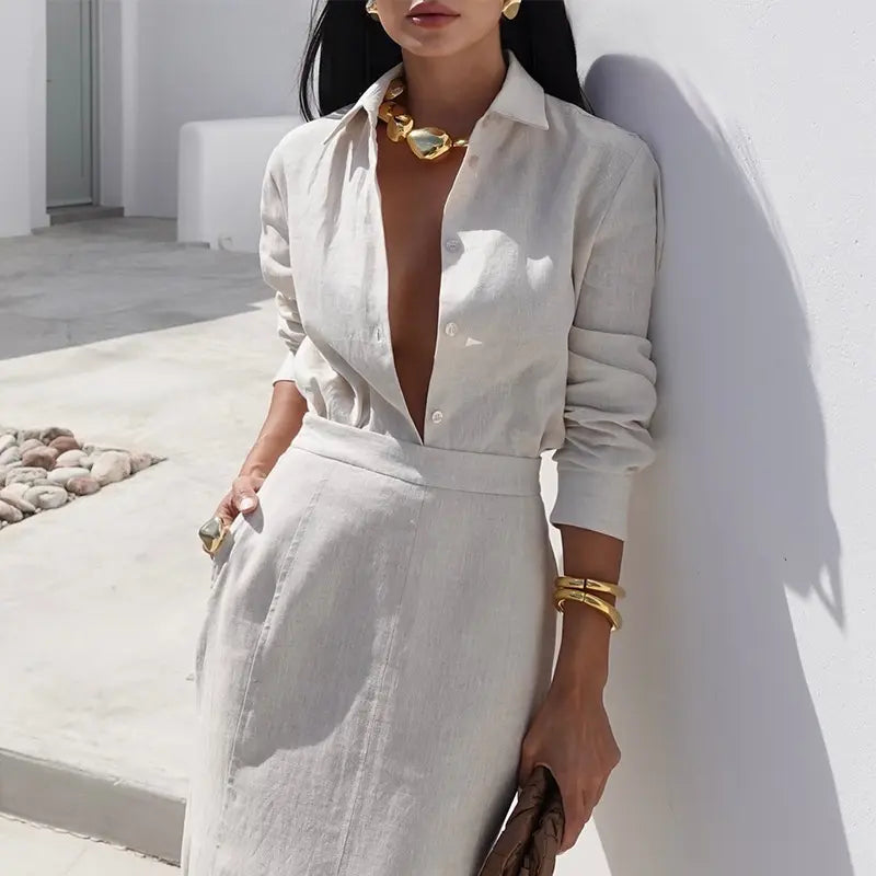 Ensemble femme gris clair élégant SecretBombe chemise fluide et jupe longue taille haute